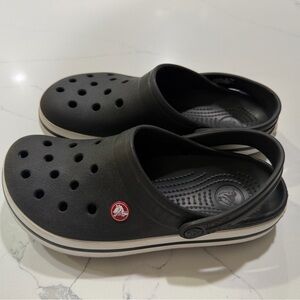 CROCS Black Crocband Clog with Strap and Red Logo- Women’s size 8, Men’s size 6